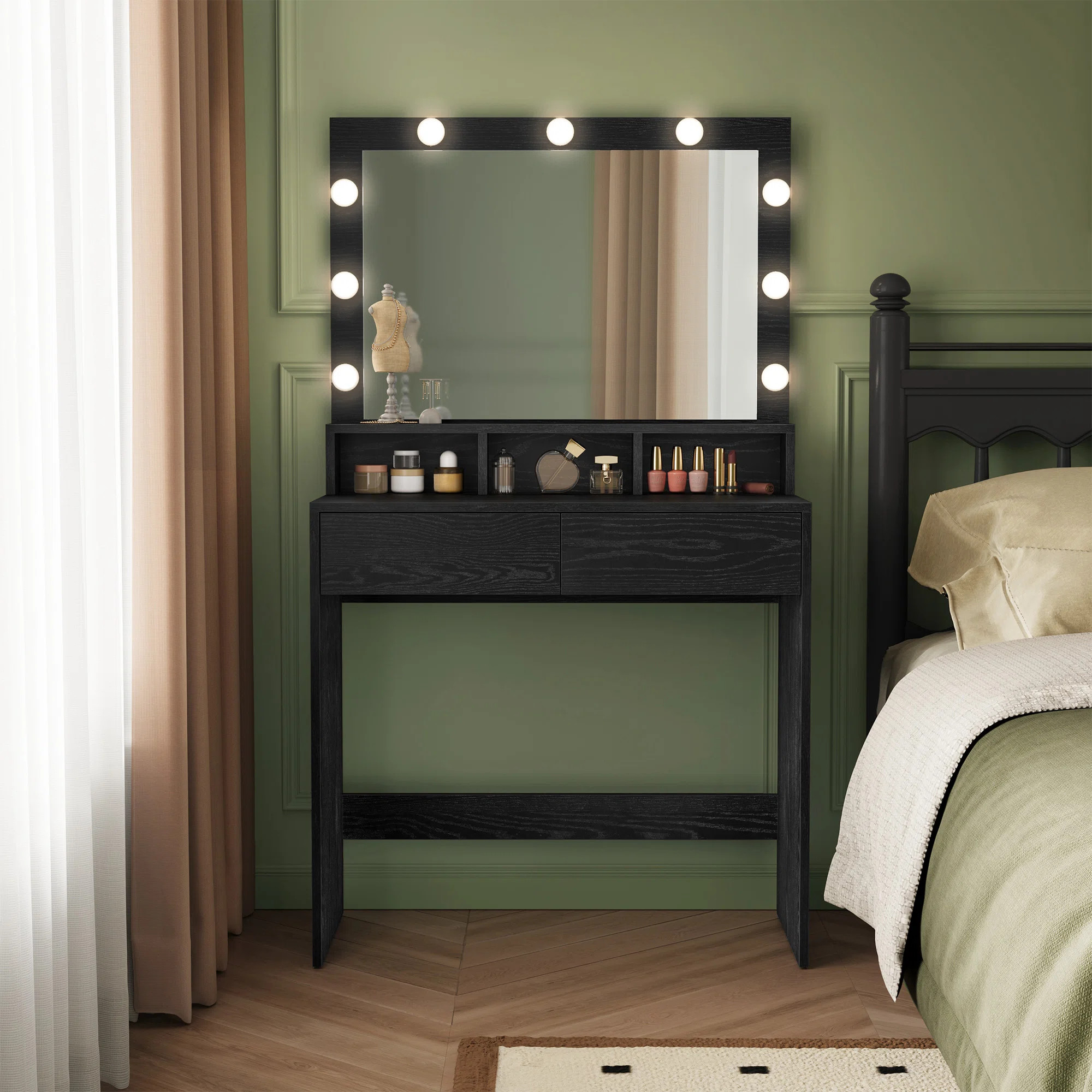 Altariq 31.5'' Wide Vanity with Large Mirror, Dimmable LED Lights, 3 Compartments, 2 Drawers | Wayfair North America
