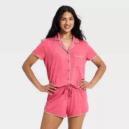 Women's Short Sleeve Notch Collar Shirt and Shorts Pajama Set - Auden™ Pink M | Target
