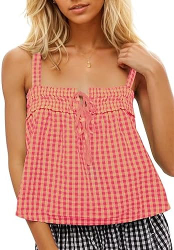 Women Plaid Cropped Camisole Tops Ruched Tie Front Square Neck Backless Loose Cute Crop Cami Tank... | Amazon (US)