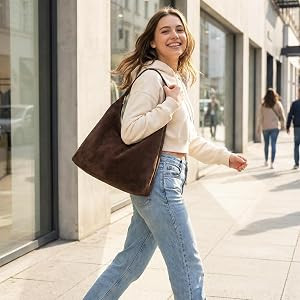 Slouchy Suede Hobo bag for Women Casual Shoulder Bag Soft Cresent Tote Purse Handbag Work Travel | Amazon (US)