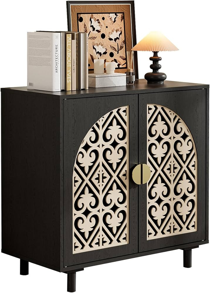Decorative Storage Cabinet Sideboard with Hollow Carved Panels, 2 Doors, Natural Wood, 29.8 x 31.... | Amazon (US)