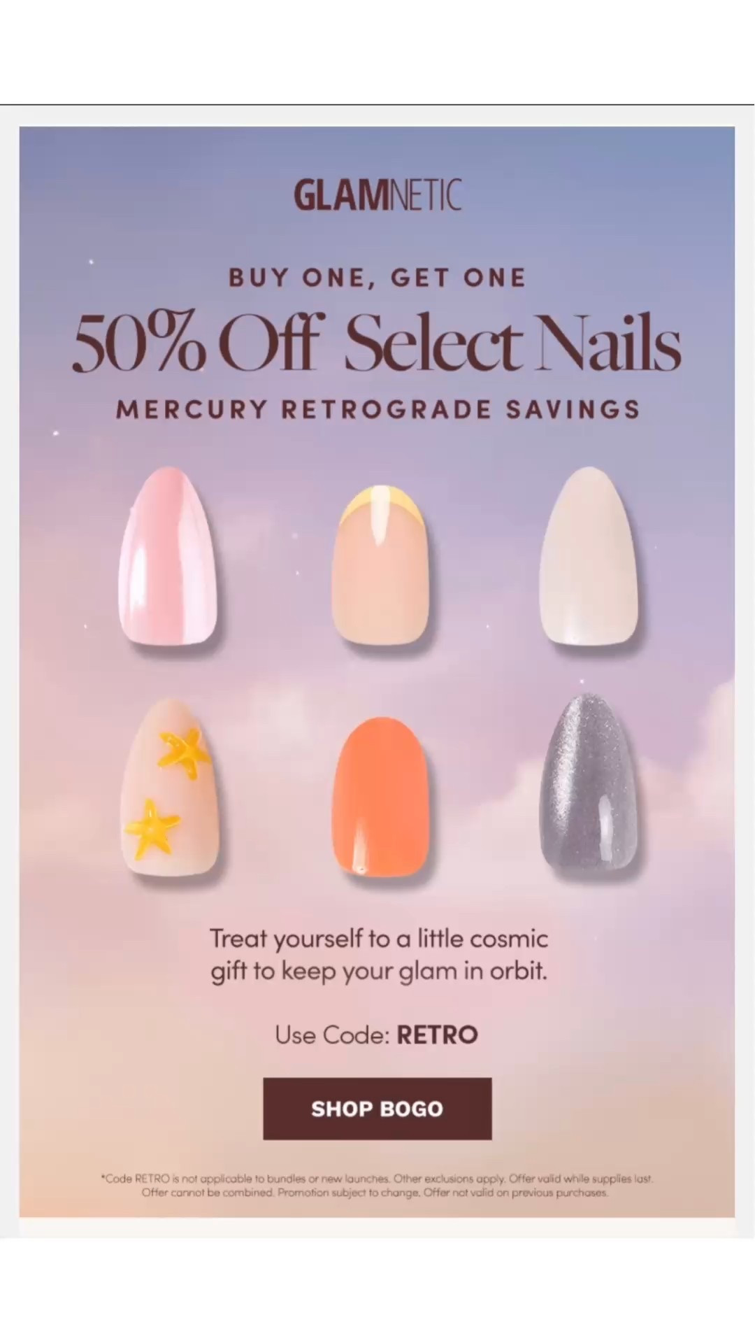 Mercury Retrograde = retail therapy 💫

Glamnetic is running a Buy One, Get One 50% OFF on select press-on nails — aka the perfect excuse to stock up on your favorite everyday sets or try something new.

Salon-quality nails at home (during nap time 🙃), easy to apply, and reusable = mom-life win.

Use code RETRO to save ✨

Perfect for:
✔️ Spring nails
✔️ Low-maintenance beauty routines
✔️ Quick at-home manicures
✔️ Budget-friendly glam

#LTKBeauty #LTKSaleAlert 

#LTKselfcare #LTKmomlife #LTKBeauty