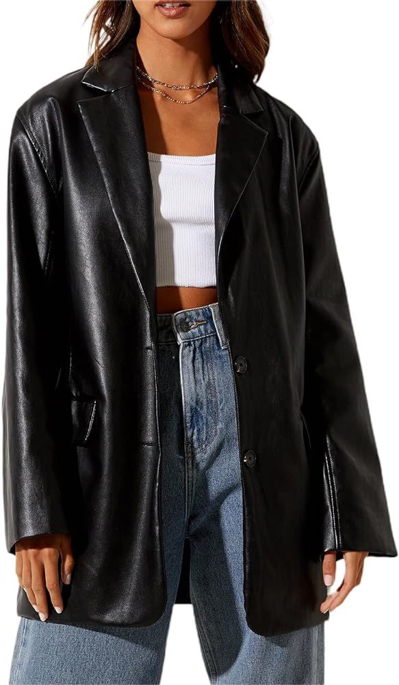 Women Faux Leather Blazer Jackets Button Down Oversized Vintage PU Leather Lapel Jacket Streetwea... | Amazon (US)