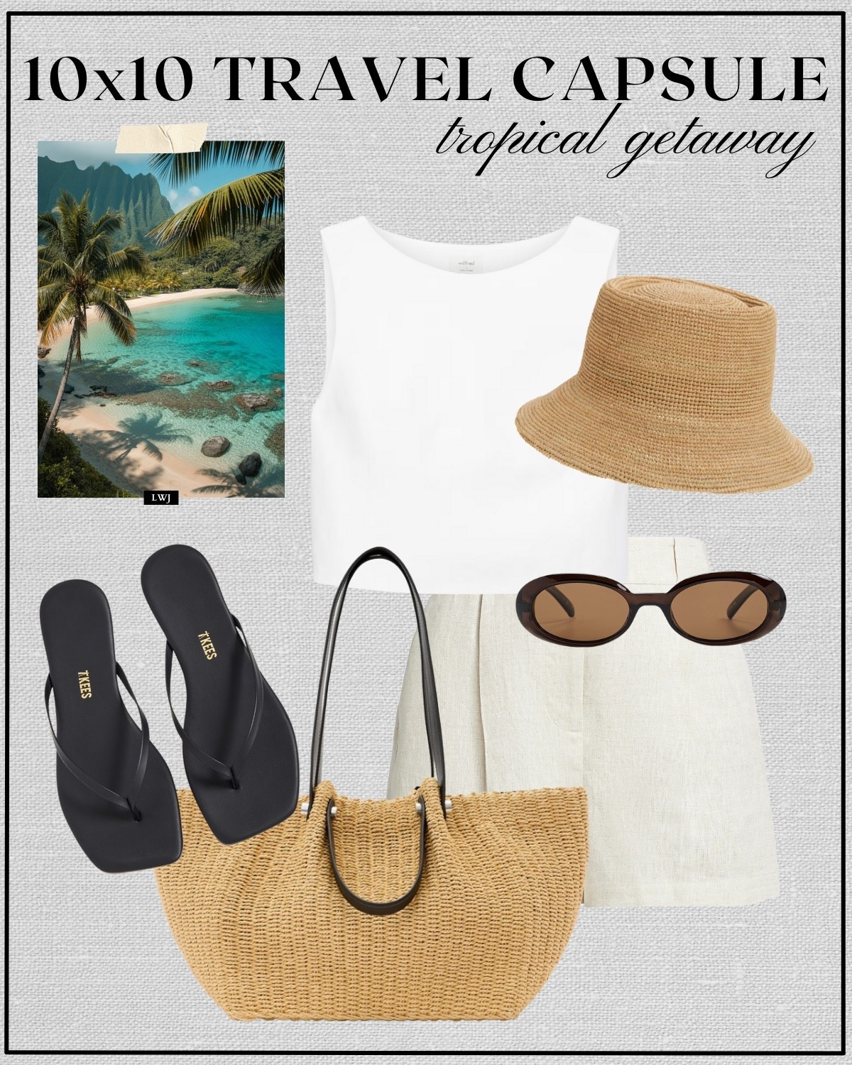 tropical getaway outfit 

white linen crop top / beige tailored shorts / straw tote bag / straw bucket hat / black tkees sandals / sunglasses / casual outfit  

 

#LTKTravel