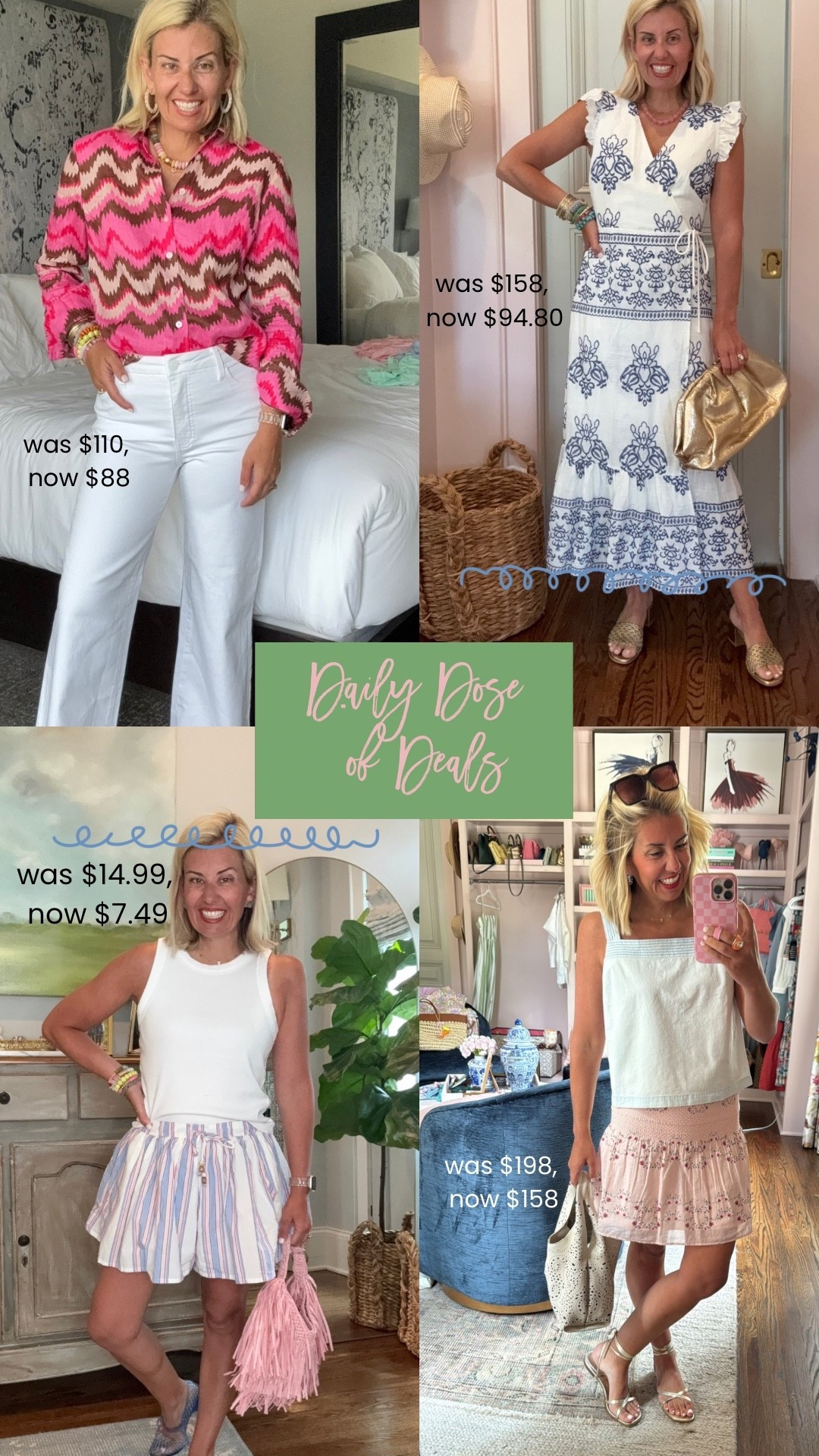 Daily Dose of Deals!! 
Sizing:
Blouse - 2
White Pants - xs petite
Dress - xs 
Tank - small or medium petite
Skort - small 
Hill House skirt - small

#LTKSeasonal #LTKSaleAlert #LTKdayinmylife
