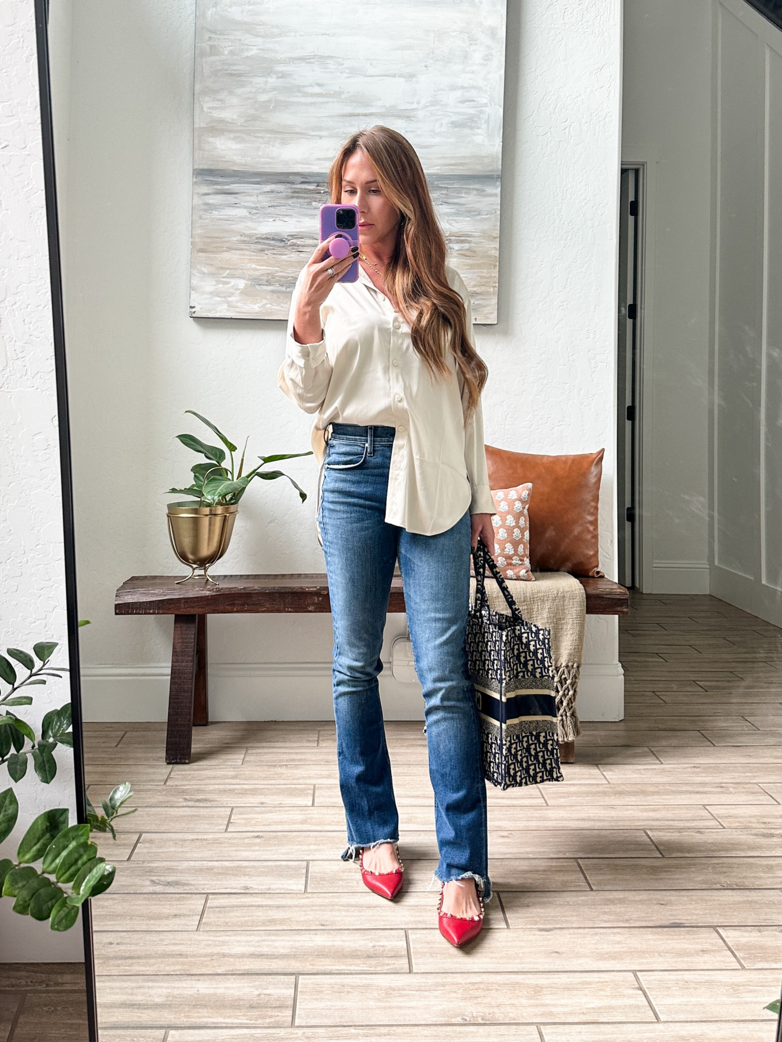 Silk shirt, satin shirt, mother jeans, ballet flats 

#LTKshoecrush #LTKworkwear #LTKGiftGuide
