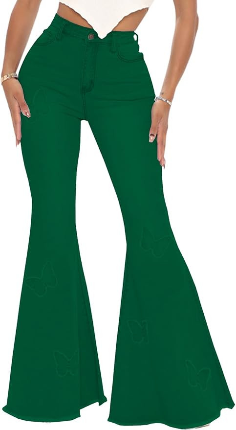 Women's Butterfly Bell Bottom Jeans Elastic High Waisted Embroidered Classic Flareed Jeans Raw He... | Amazon (US)