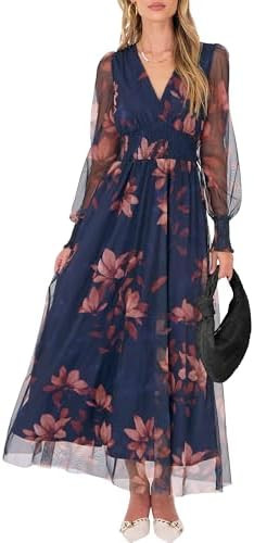 ANRABESS Women's Floral Maxi Dress 2025 Fall V Neck Puff Long Sleeve Flowy Casual Wedding Guest T... | Amazon (US)