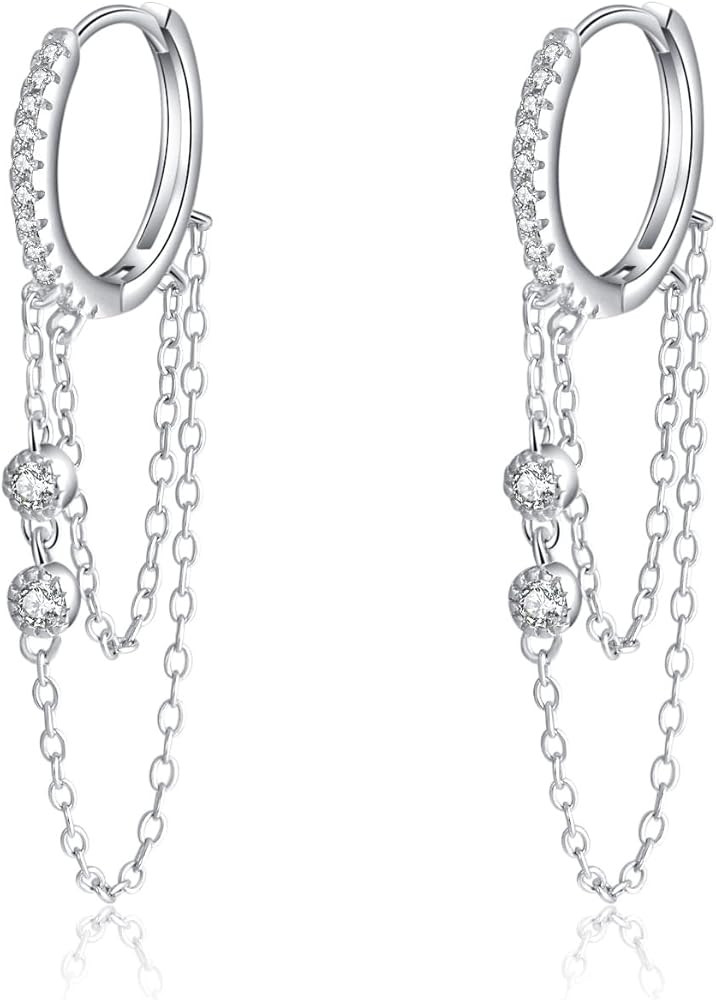 Reffeer 925 Sterling Silver Chain Drop Earrings Hoop for Women Teens CZ Hoop Chain Earrings Dangl... | Amazon (US)
