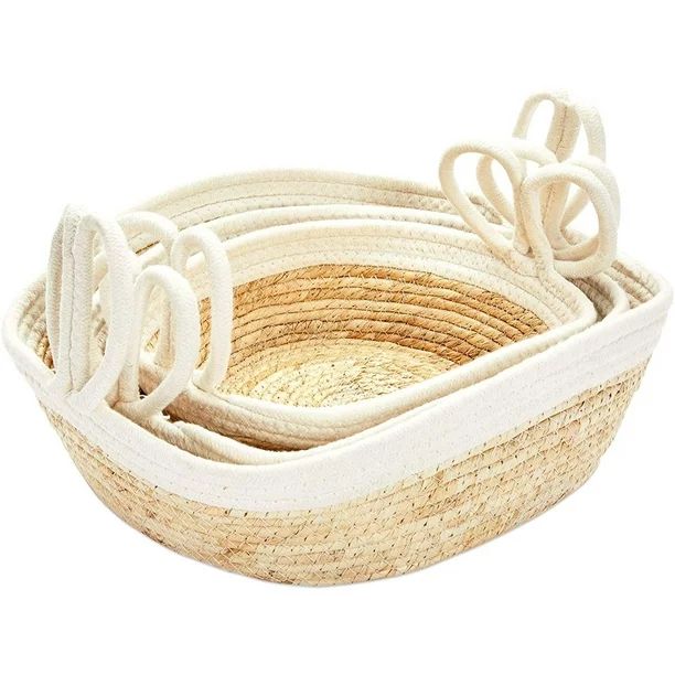 Set of 3 Oval Seagrass Rope Wicker Nesting Storage Baskets with Handles, White, 3 Sizes | Walmart (US)