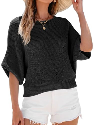 Saodimallsu Womens Short Batwing Sleeve Sweater Tops Crochet Knit Crew Neck Loose Casual Summer Pullover T-Shirts Black | Amazon (US)