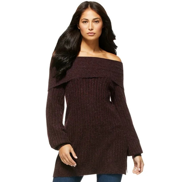 Sofia Jeans by Sofia Vergara Women's Fold Over Off The Shoulder Tunic Sweater | Walmart (US)