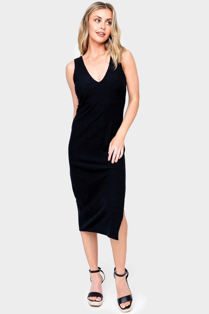 Double V Ribbed Knit Midi Dress with Side Slit | Gibson