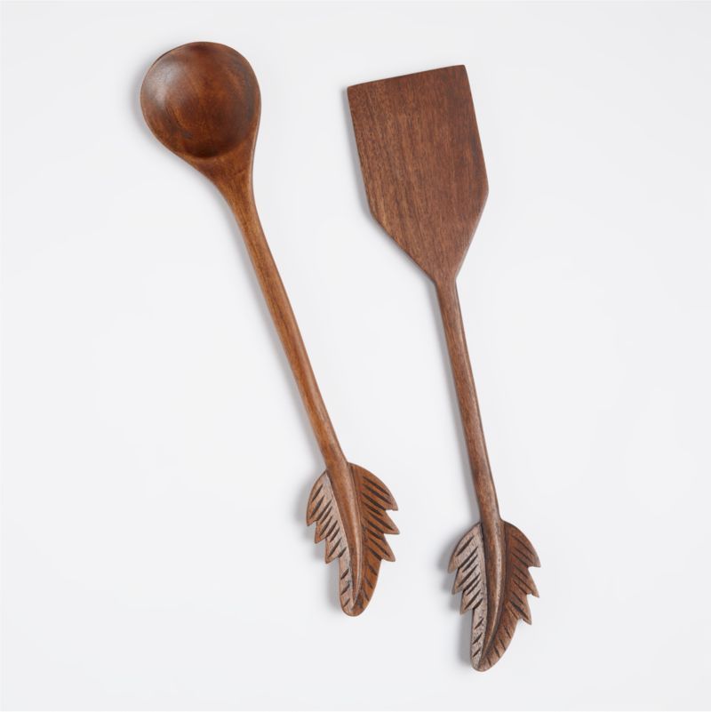 Acacia Carved Feather Wood Serving Utensils | Crate & Barrel | Crate & Barrel