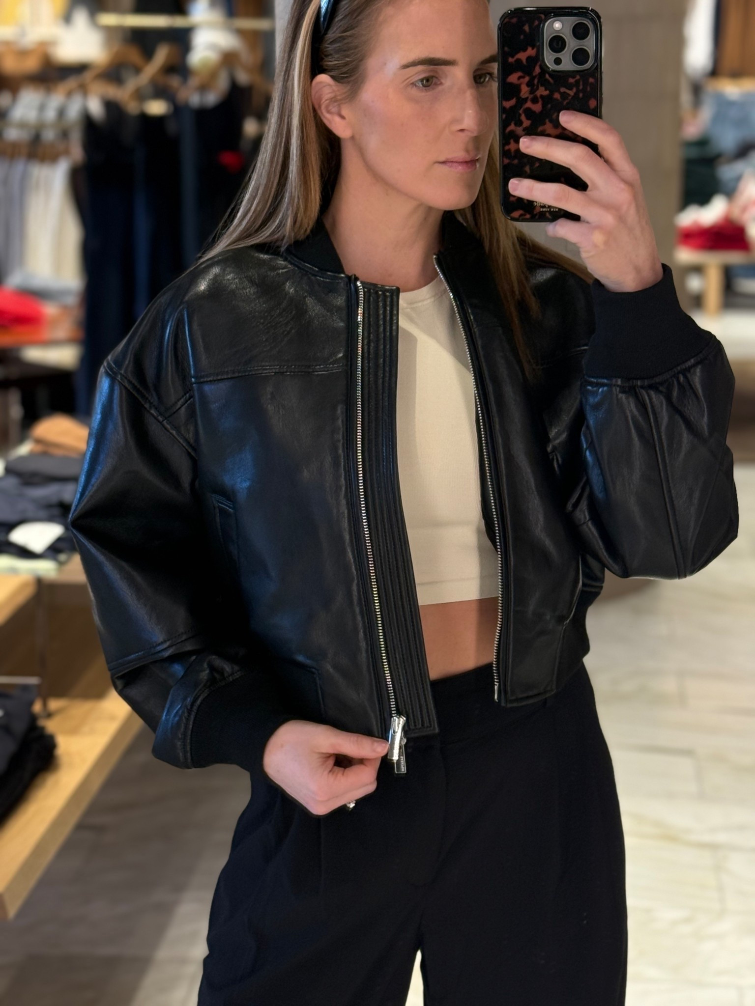 If you’re looking for the softest easiest style bomber jacket that is full leather looking no further I found it. I bought this in a size small from Aritzia and trust me when I say you need this in your life it is the perfect size cropped length and so so comfortable.

Wear your normal size if you’re a small medium go small, if you’re a XS small go XS 
Don’t size up as this looks better sized on you vs oversized 

#LTKOver40 #LTKSeasonal #LTKootd