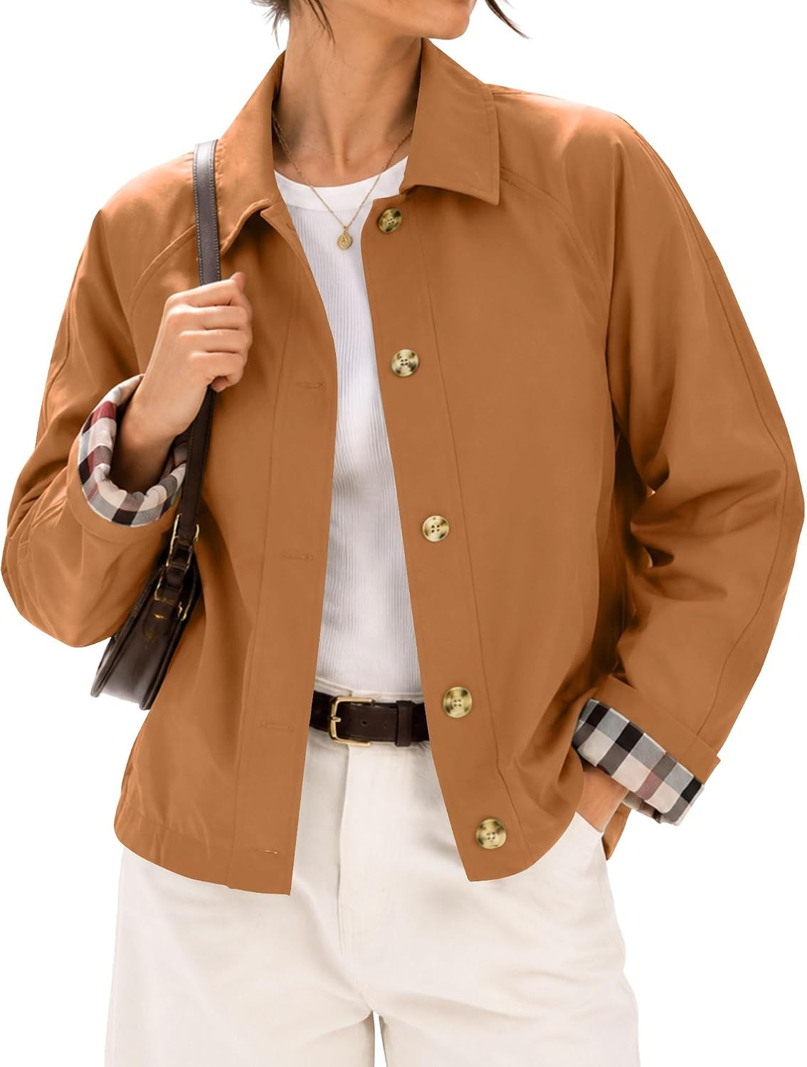 LOMON Womens Short Trench Jacket Plaid Lining Button Front Lightweight Classic Casual Outerwear with Pockets | Amazon (US)