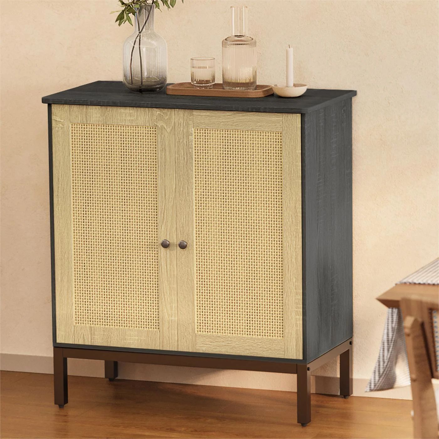 Buffet Storage Cabinet with Rattan Doors,Rattan Sideboard, Kitchen Storage Cabinet,Black - Walmar... | Walmart (US)