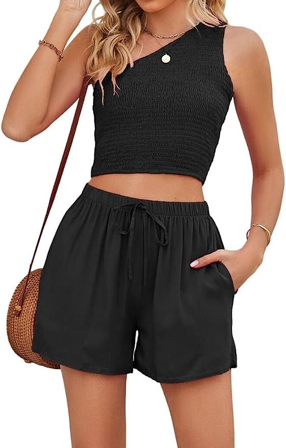 Eyanse Two Piece Summer Sets for Women,Smocked Crop Top and Shorts Set Casual Vacation Outfits | Amazon (US)