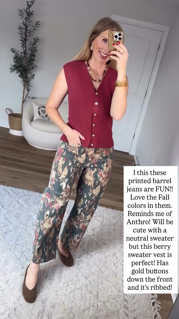 Fun printed barrel jeans and sweater vest with gold buttons from Walmart

#LTKootd
