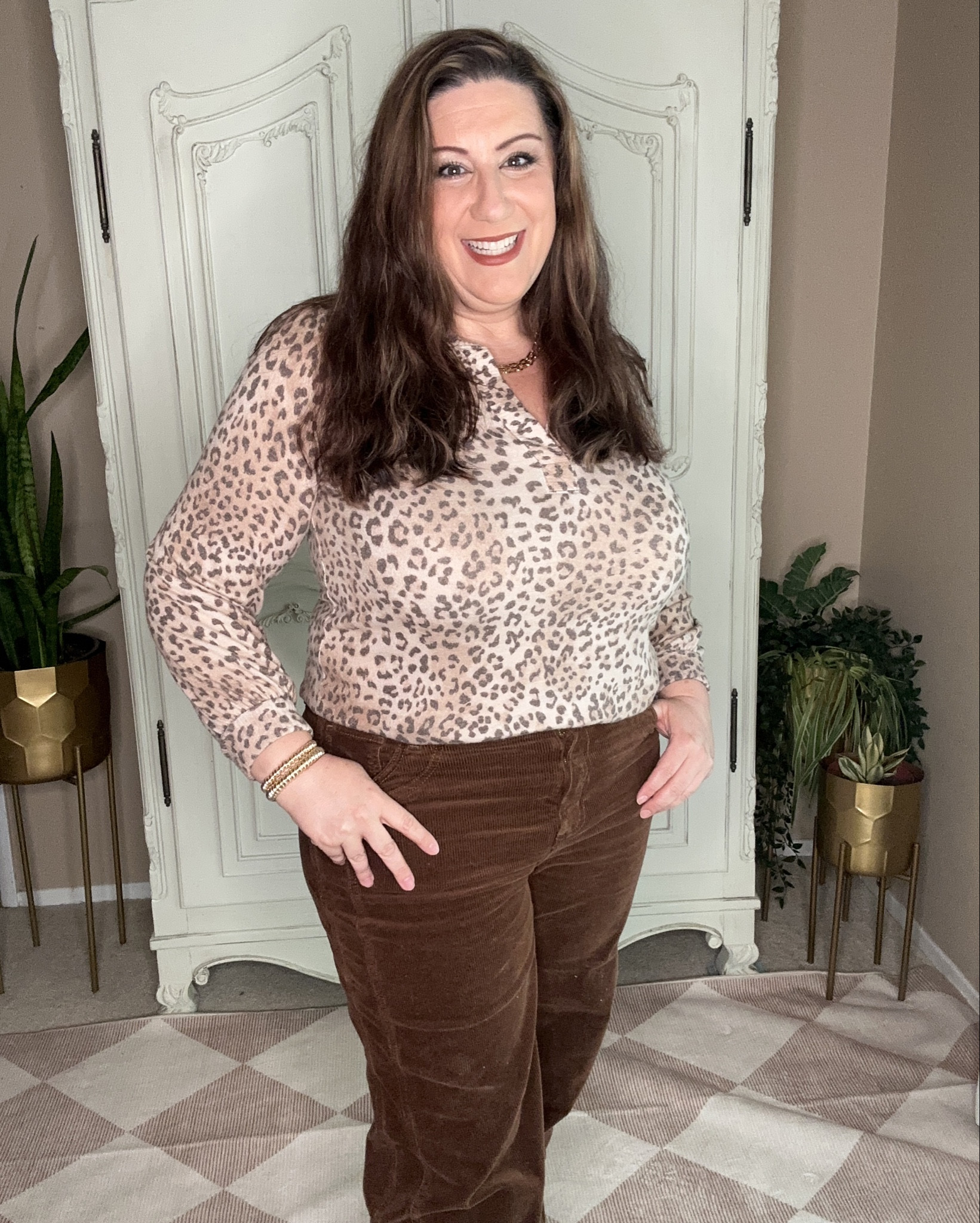 Hope your weekend was just as wild as my knit leopard print top ❤️

Can we talk about these corduroy’s for a quick second! I love them, they have double lines down the side and something about that makes your legs appear slimmer (especially as a pear shape like me). 

They come in several colors so I went back and got them in burgundy & cream colored too.

For ref. I’m a size 18, 5’4, 215 pds. The pants have stretch so I squeezed into a size 14 but probably should have gone for a size 16.

The Banana Republic jacket was a Christmas gift 🎁 & I’m wearing a size XL

The knit sweater I got on clearance at Costco of all places lol. They only had a Medium but it’s super hella stretchy thank goodness! I’ve linked similar styles in case you can’t find the exact one. 

My bougie looking but inexpensive gold jewelry are staple pieces I wear on repeat. 

Then there are my trusty slip in Stetcher tennis shoes that save my back from having to bend over to take on and off my shoes ❤️ 

An overall a comfy but casual winter outfit for this chilly season we are having.

#winterootd #winteroutfit #outfitinspo #midsizestyle #fashionover40 #leopardoutfit #leopardootd #size18 #size16 #size12 #size20 #size14 #costcofinds #walmartstyle #walmartfashion #corduroypants #leopardsweater #creamcolorjacket #cropjacket #leopardsweater #cozyandcasual #casualootd #comfyootd #casualoutfit #casualoutfit #fyp #curvy #stylingcurves #curvyfashion #plussizepants 

#LTKPlusSize #LTKootd #LTKMidsize