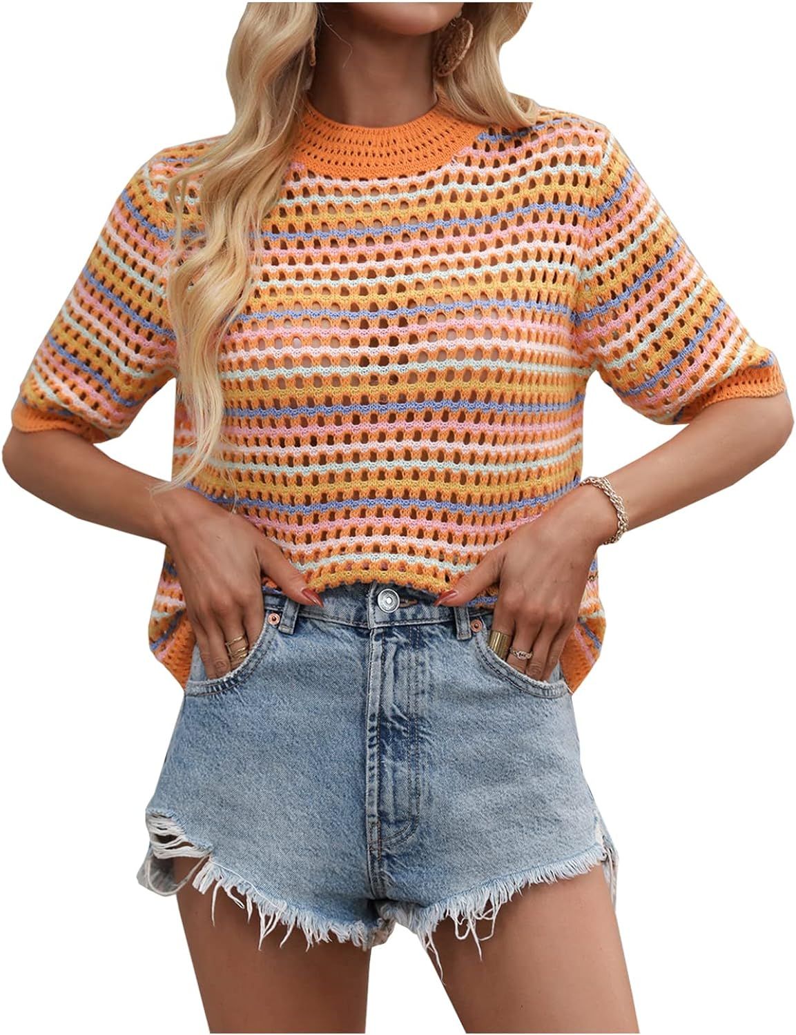 Kedera Womens Cropped Sweater Knit Top Short Sleeve Crochet Hollow Out Striped Knitwear Crop Tops | Amazon (US)