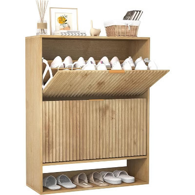 Fluted Narrow Shoe Cabinet with Flip Drawers & Side Hooks, Space-Saving Storage Organizer for Entryway, Hallway or Apartment, Oak Finish | Target