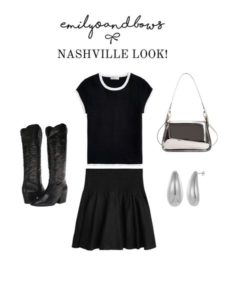 Nashville going out look for night one! I love wearing basics for easy night time fits and then accessorizing in a fun way! My top & skirt are both from J.Crew! Earrings & bag are Amazon, boots are Sam Edelman! 