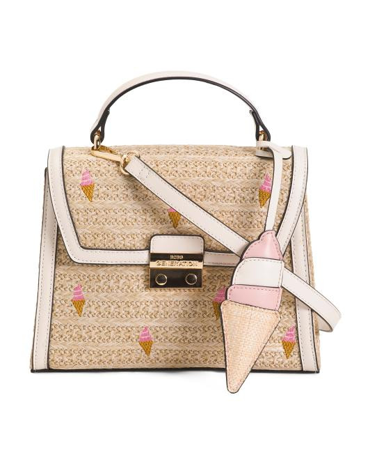 Embroidered Faux Straw Top Handle Crossbody With Ice Cream Charm | TJ Maxx