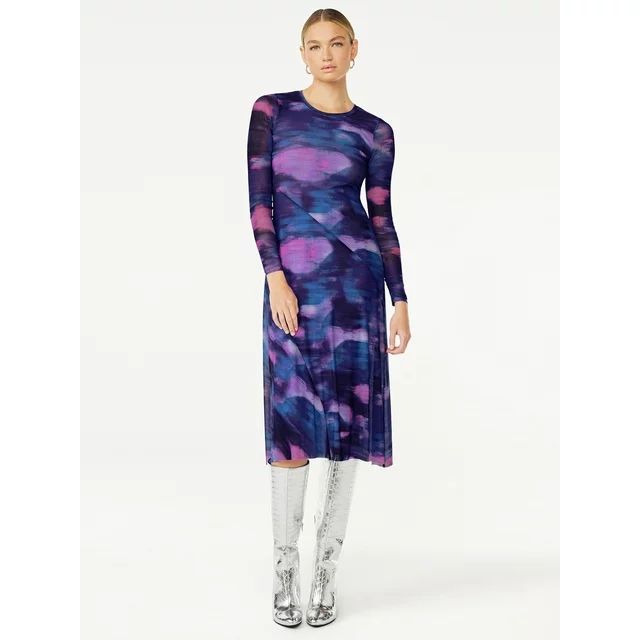 Scoop Women’s Long Sleeve Asymmetrical Seam Mesh Dress, Sizes XS-XXL | Walmart (US)