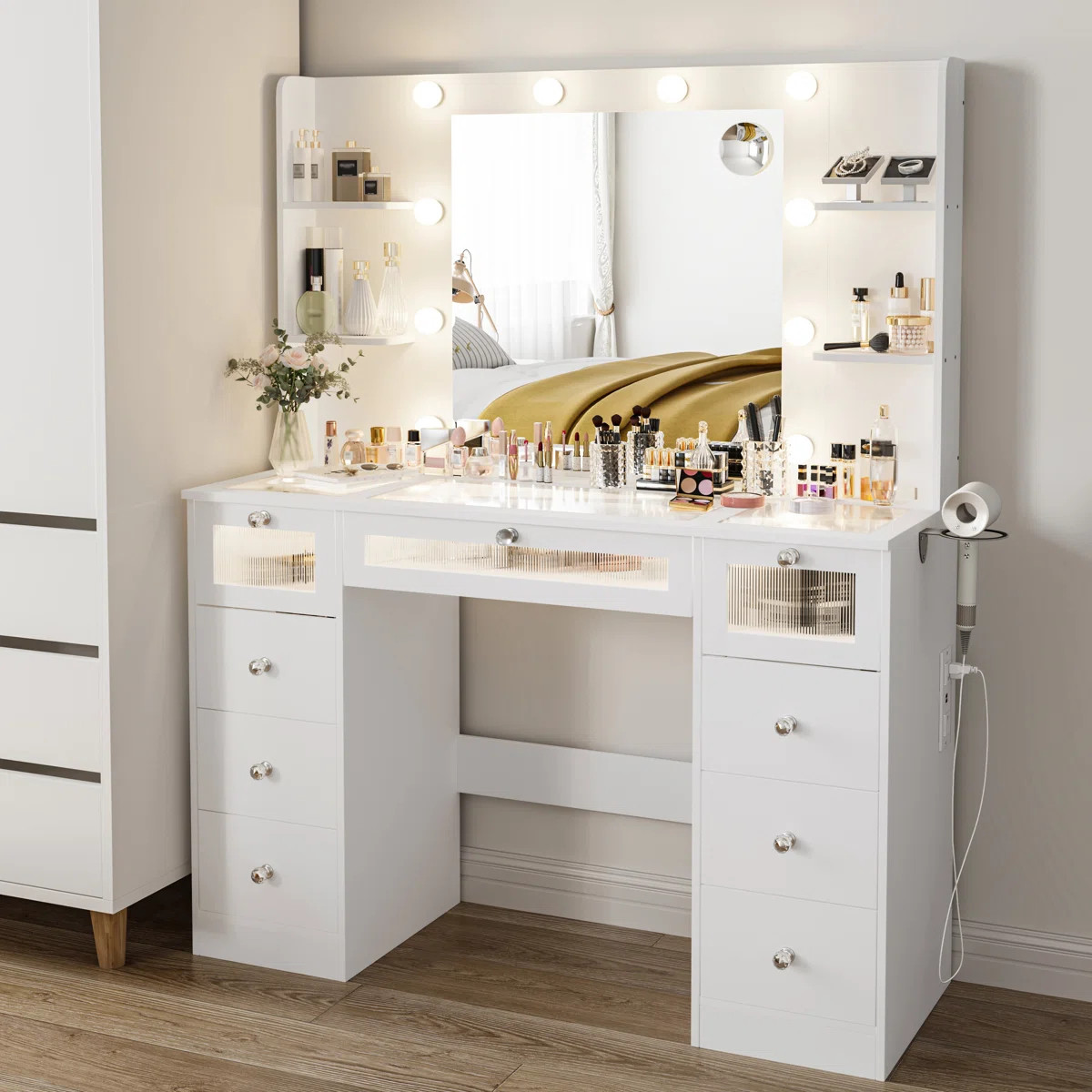 White Vanity Desk with Lighted Mirror, 3 Color Modes, Glass Top, 9 Drawers, 4 Shelves & Power Out... | Wayfair North America