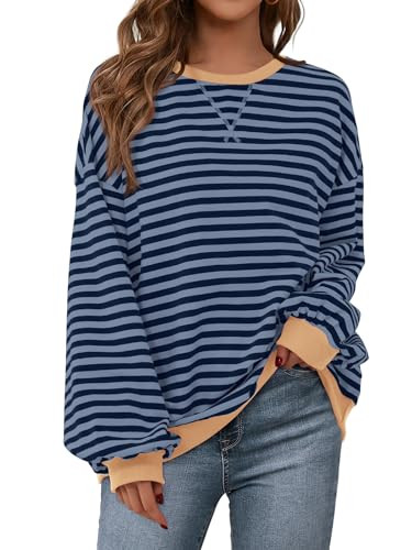 PRETTYGARDEN Women Oversized Striped Color Block Long Sleeve Crew Neck Sweatshirt Casual Loose Pullover Y2K Shirt Top (Blue Navy, X-Large) | Amazon (US)