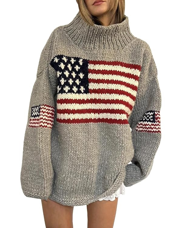 Women's Oversized American Flag Sweater Long Sleeve Turtleneck Knit USA Sweaters Fall Chunky Warm... | Amazon (US)