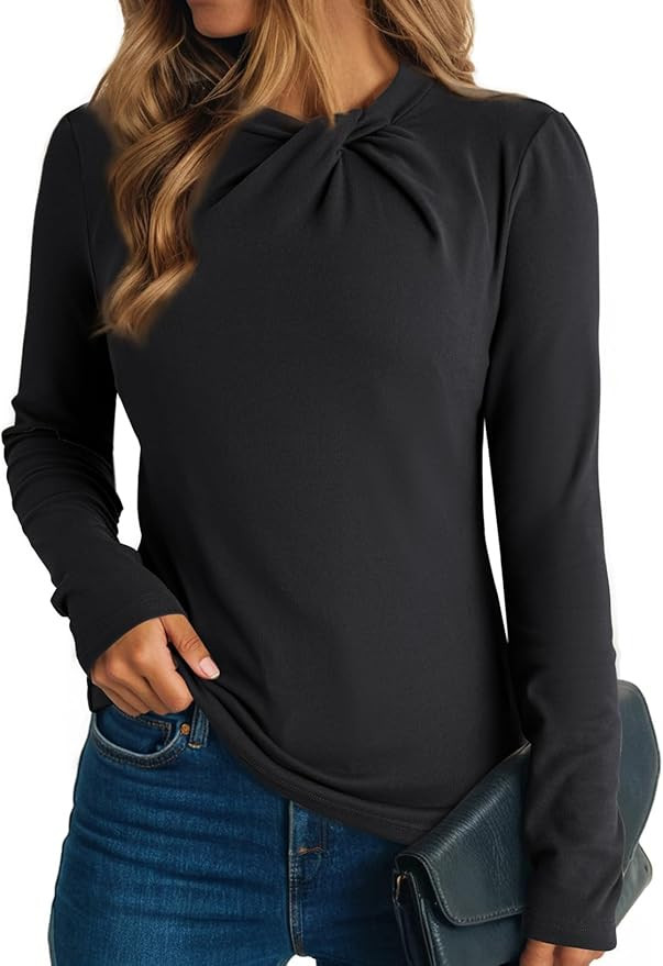 Dokotoo Womens Tops Business Casual Outfits Long Sleeve Shirts Mock Neck Twist Knot Slim Fit Soft... | Amazon (US)