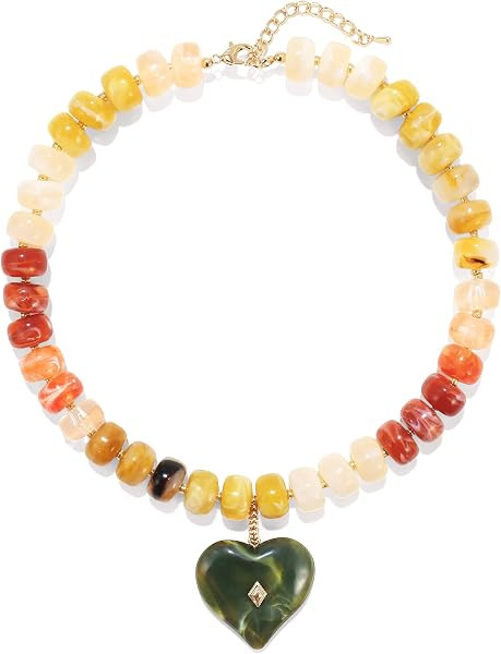 Chunky Heart Necklace for Women, Colorful Acrylic Beaded Statement Puff Heart Necklace, Cute Boho... | Amazon (US)