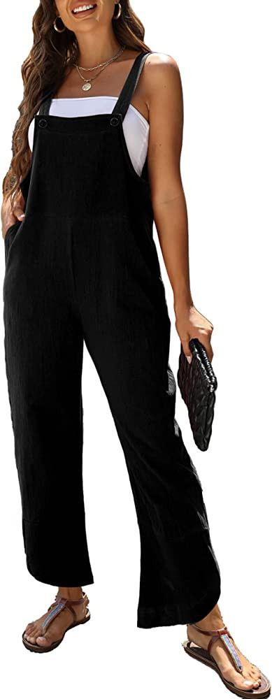PUWEI Womens Cotton Linen Adjustable Bib Overalls Casual Wide Leg Baggy Jumpsuit with Pockets | Amazon (US)