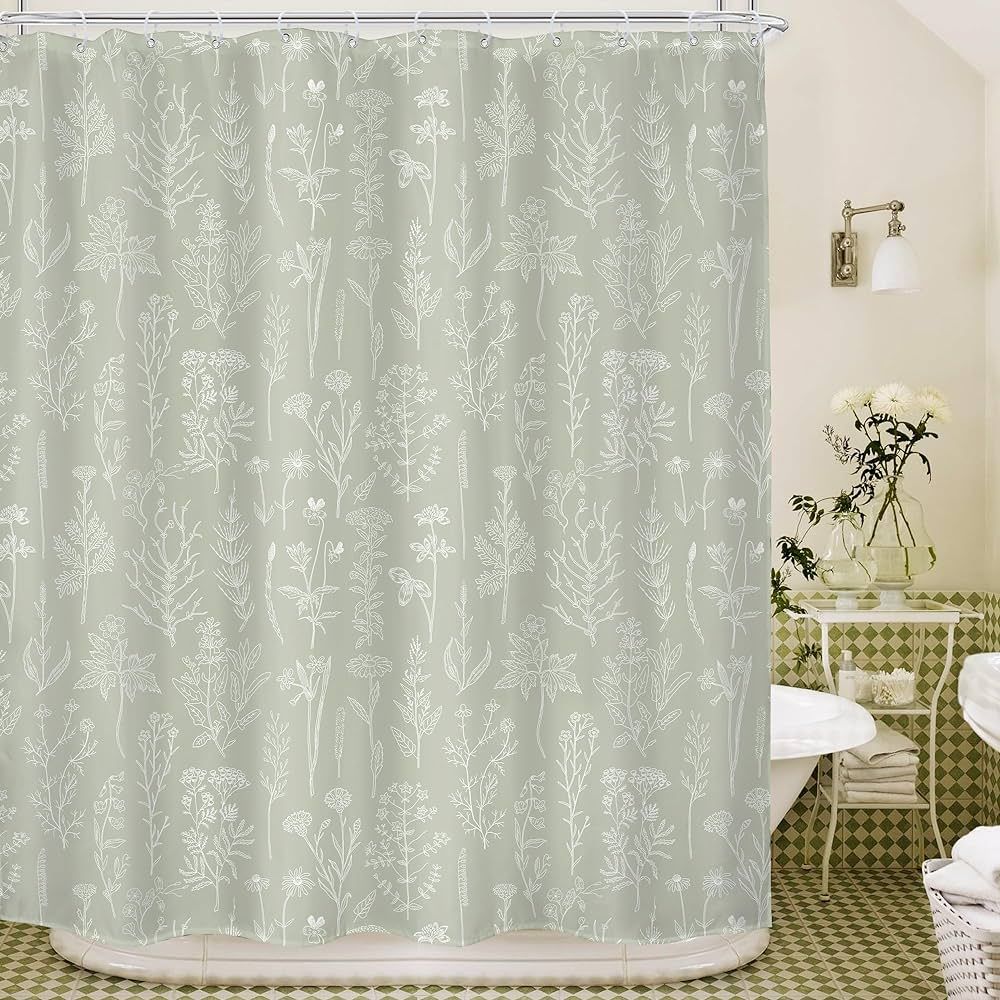 KOMLLEX Sage Green Botanical Shower Curtain for Bathroom Decor 60Wx72H Inches Plants Boho Floral ... | Amazon (US)