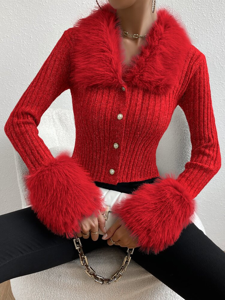 Fuzzy Collar Ribbed Knit Cardigan | SHEIN