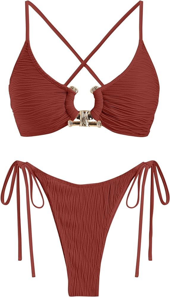 ZAFUL Women's Bikini Sets Ribbed Metal O Ring Criss Cross Two Piece Swimsuit Cheeky High Cut Side... | Amazon (US)