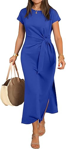 ANRABESS Womens Summer Maxi Dress Casual Crew Neck Tie Waist Split Wrinkle-Free Fit Long Fashion ... | Amazon (US)
