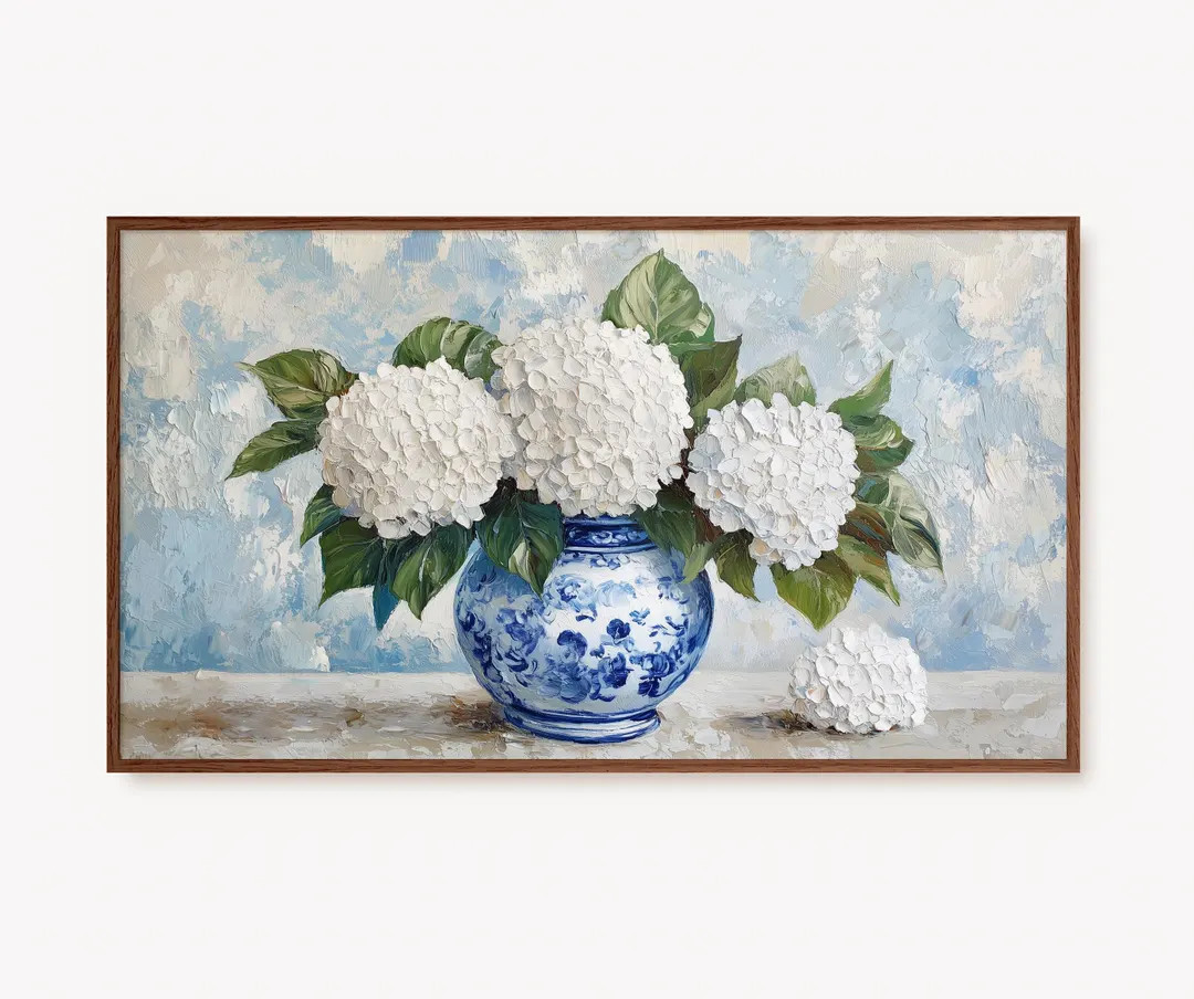 Hydrangea TV Art Spring Frame TV Art Chinoiserie Jar Screensaver White Hydrangea Flowers Painting... | Etsy (US)