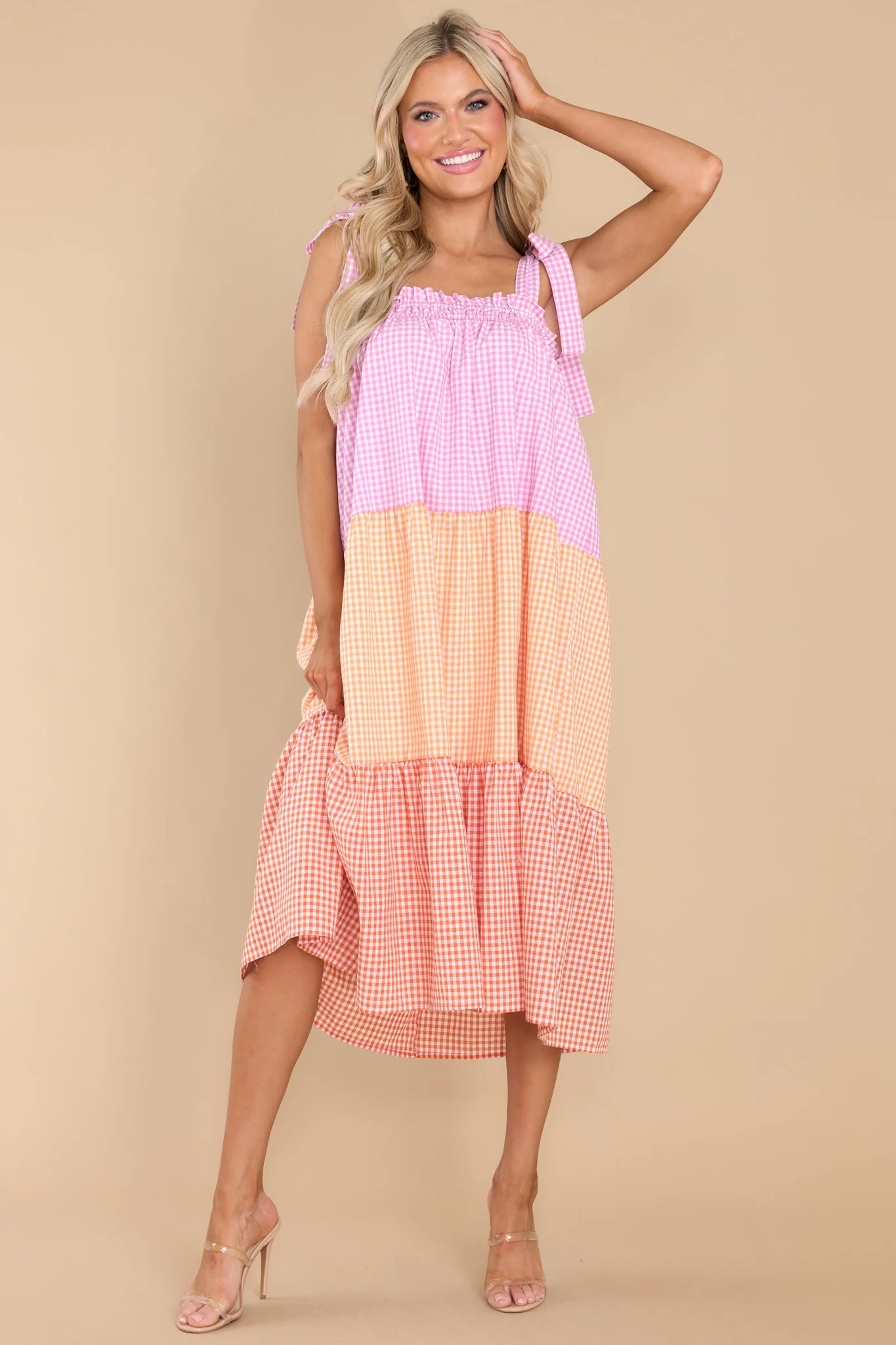 Delight Yourself Pink Multi Gingham Midi Dress | Red Dress 