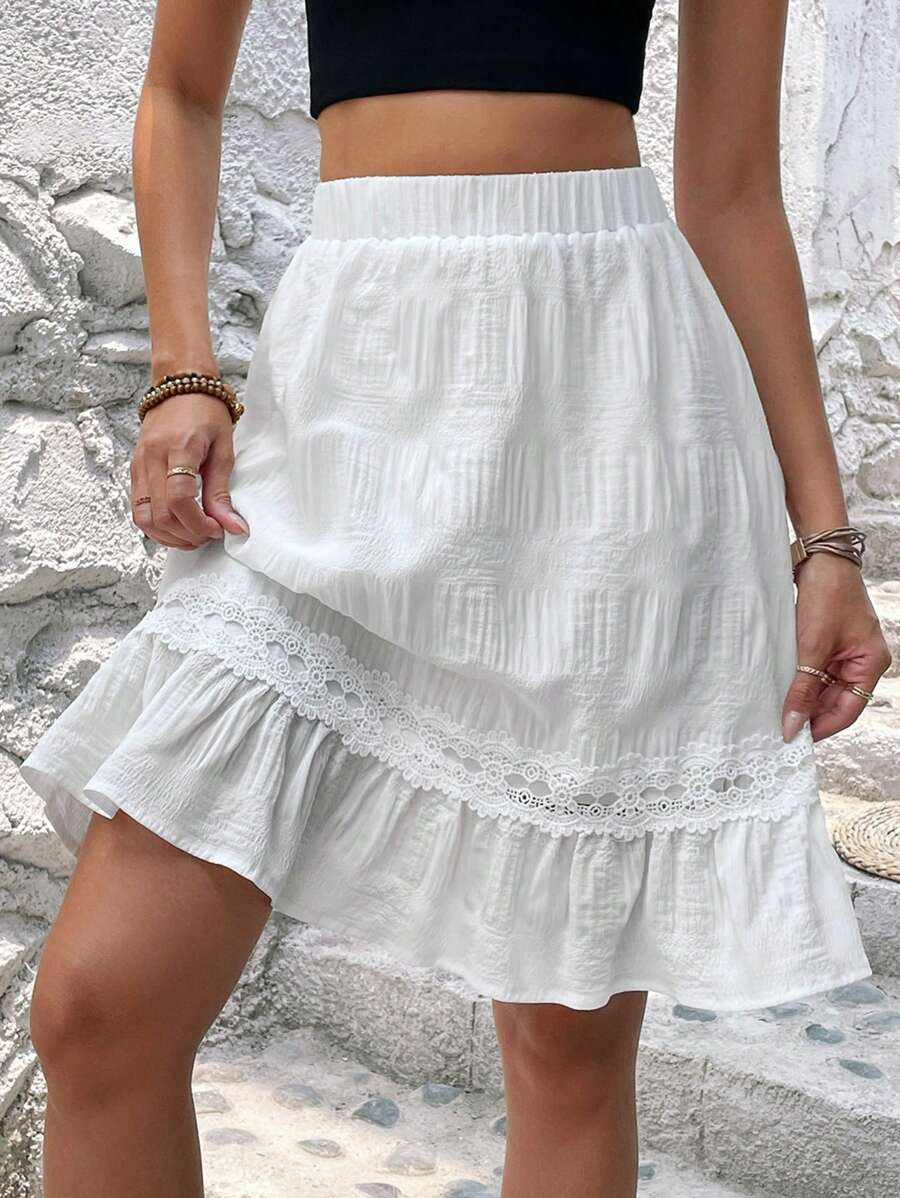 EMERY ROSE Contrast Lace Ruffle Hem Skirt | SHEIN