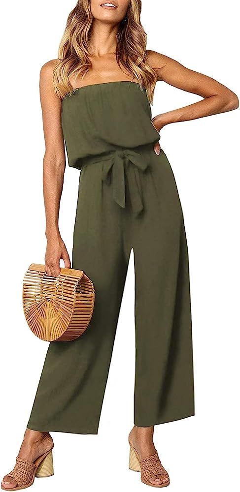 ZESICA Women's Casual Off Shoulder Solid Color Strapless Belted Wide Leg Jumpsuit Romper | Amazon (US)