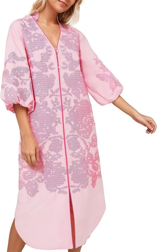 D-Sun Women Casual V-Neck Mid Dress Floral Embroidery 3/4 Sleeves Fall Winter Tunic Dress Loose Z... | Amazon (US)