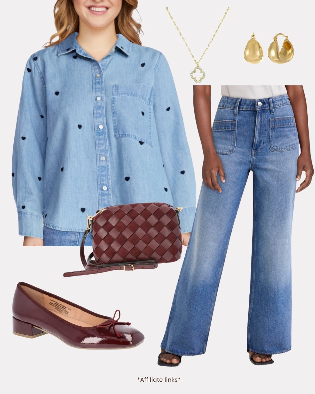 Denim on denim done right! 💙 

This entire look is from Walmart and perfect for elevated everyday style. The heart embroidered chambray shirt adds a sweet touch, while the high waisted wide leg jeans are so flattering. Finished with burgundy ballet flats, a woven crossbody bag, and gold accessories for the perfect polished casual outfit. 

Everything is affordable and stylish!

#WalmartFinds #WalmartFashion #DoubleDeninm #CasualChic #AffordableStyle #OOTD #LTKFinds