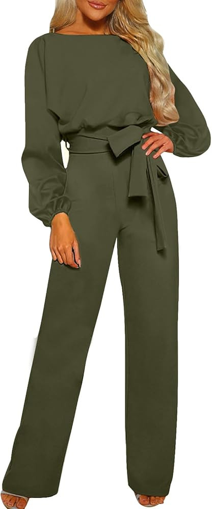 Women's Casual Loose Overalls Jumpsuits One Piece Long Sleeve Wide Leg Pant Waist Blet Rompers Wi... | Amazon (US)