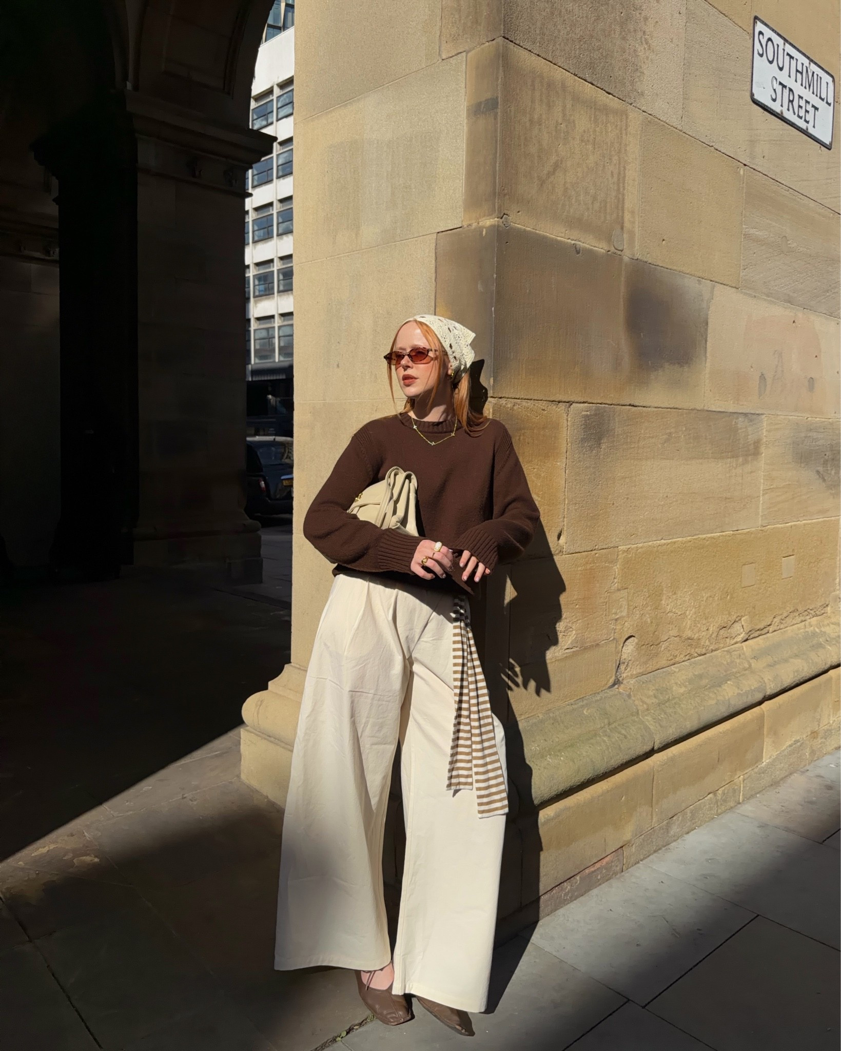 Brown Jumper, Cream Trousers, Cotton Trousers, Autumn Outfit, Alohas, Brown Ballet Flats, Crochet Bandana

#LTKautumn #LTKuk #LTKeurope