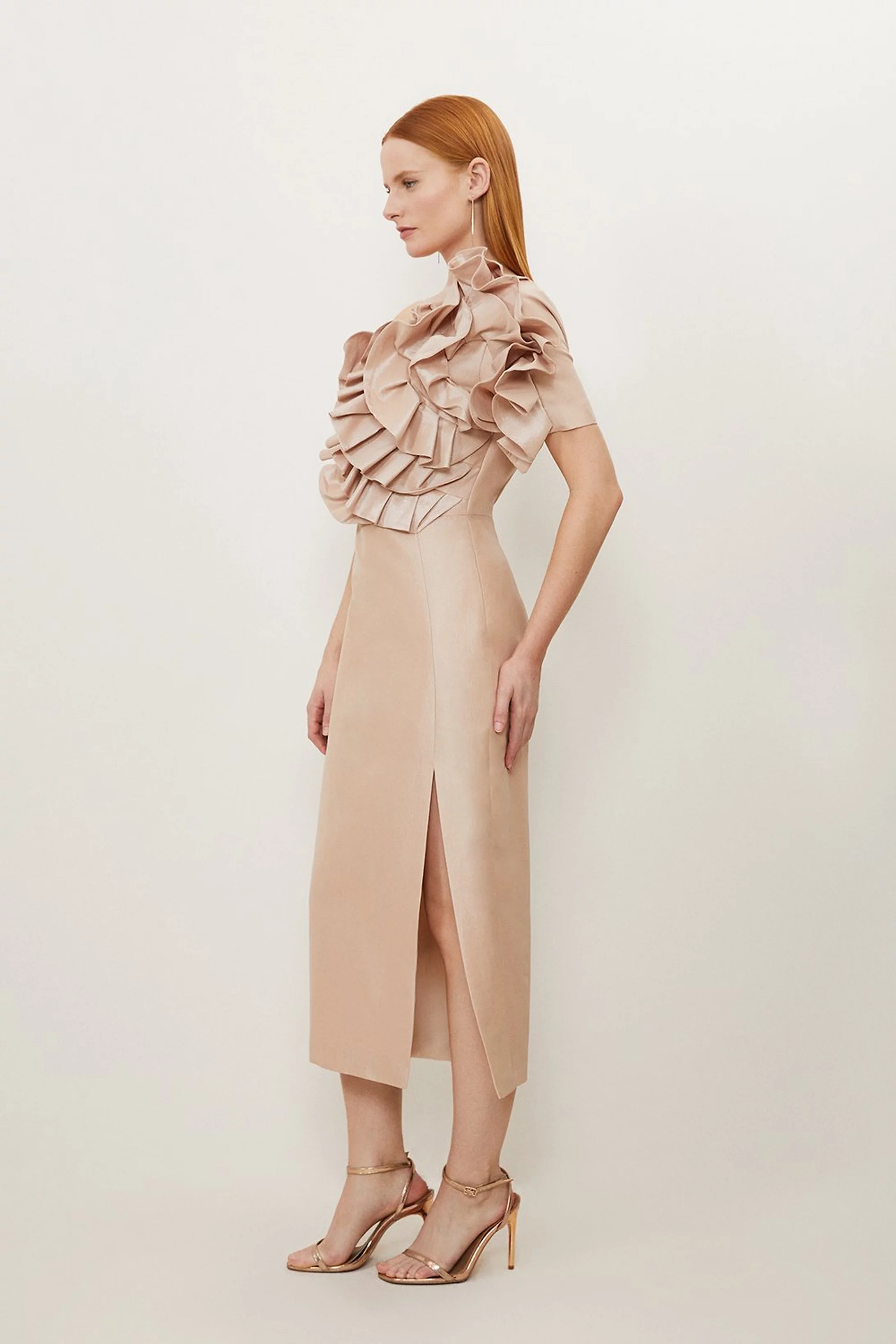 Metallic Taffeta Rosette Maxi Bardot Dress | Karen Millen UK + IE + DE + NL