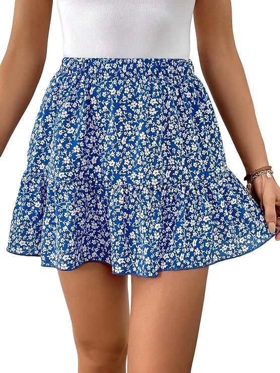 MakeMeChic Women's High Waisted Ruffle Hem Skirts Boho Ditsy Floral Swing Summer Mini Skirt | Amazon (US)