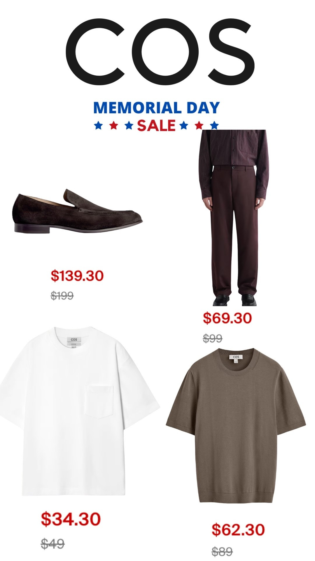 COS is quietly having one of the best Memorial Day sales for elevated essentials 🤍 Premium tees, tailored trousers, knitwear, and loafers all marked down for a limited time. #LTKMens #COSStores #MensFashion #MinimalStyle #QuietLuxury #Menswear #LTKSaleAlert #ElevatedBasics #SmartStyle #FashionDeals